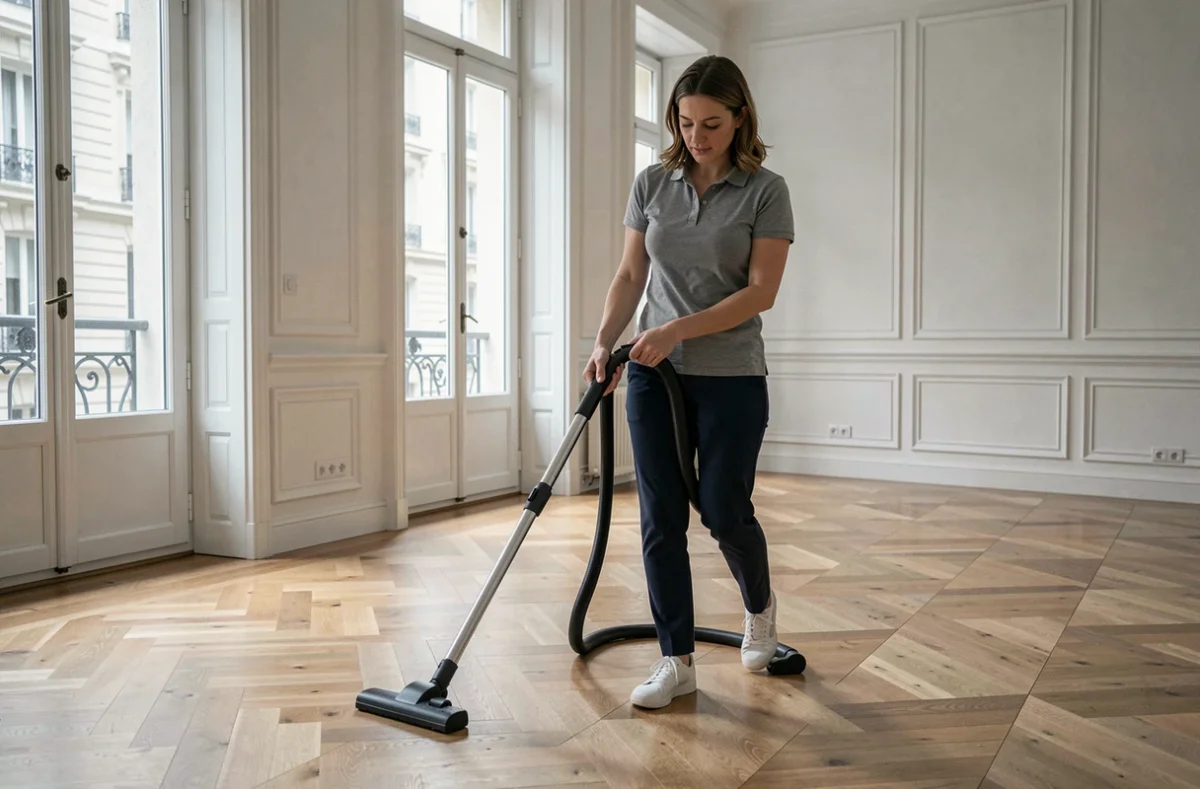 Aide ménagère passant l'aspirateur dans un salon avec parquet et moulures haussmanniennes à Lille