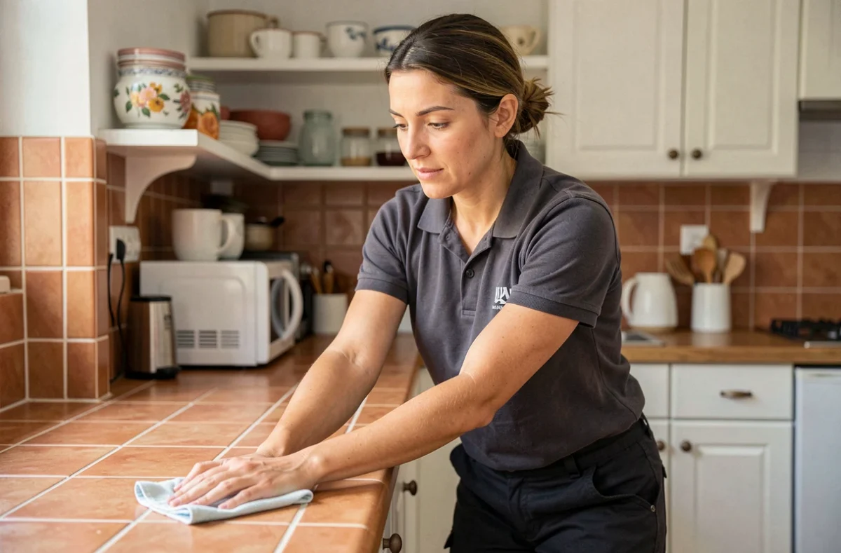 Aide ménagère essuyant le plan de travail d'une cuisine méditerranéenne dans une maison à Perpignan
