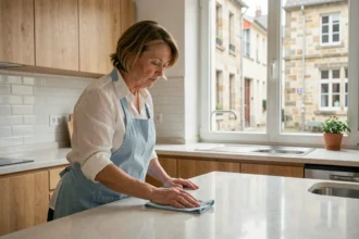 Aide ménagère professionnelle nettoyant un plan de travail dans un appartement moderne à Thionville