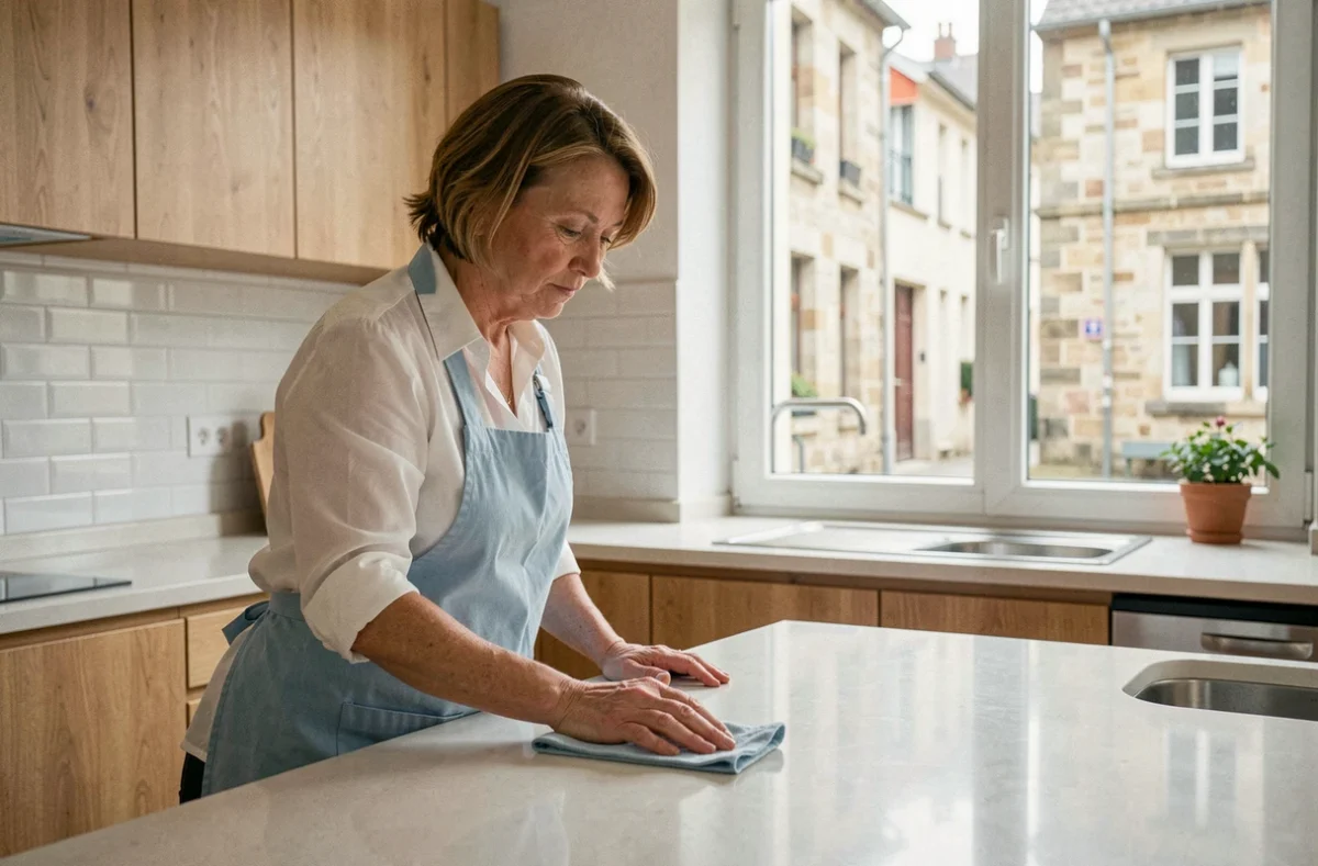 Aide ménagère professionnelle nettoyant un plan de travail dans un appartement moderne à Thionville