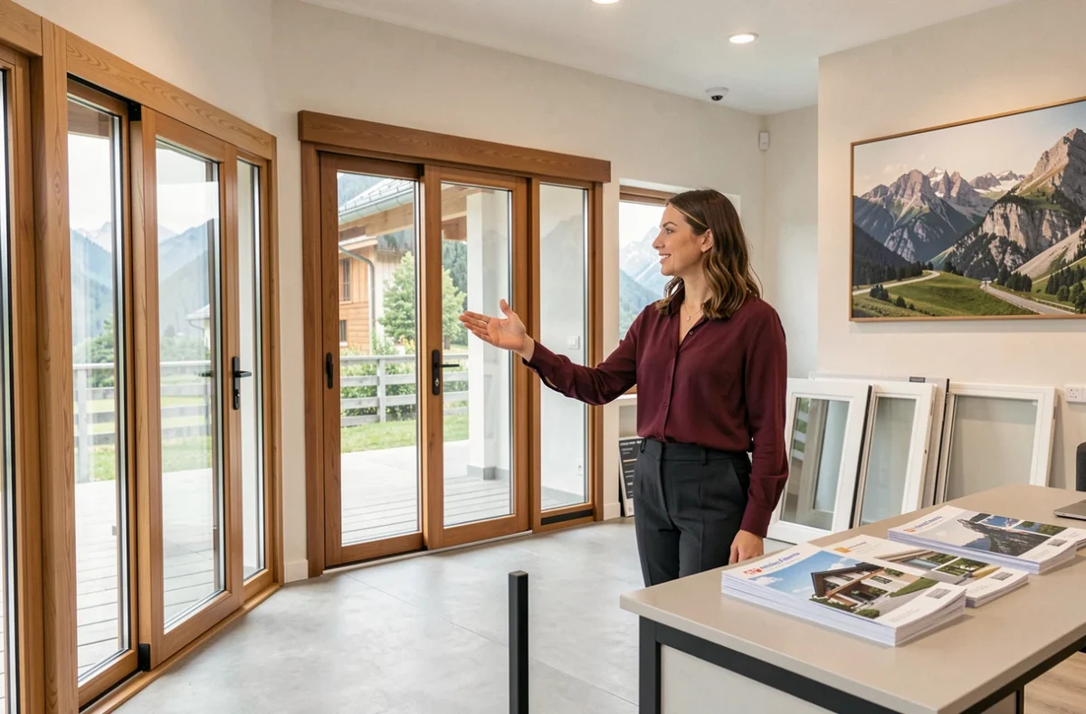 Conseillère d'Ambiance Fenêtres présentant une gamme de fenêtres en aluminium et bois dans un showroom contemporain