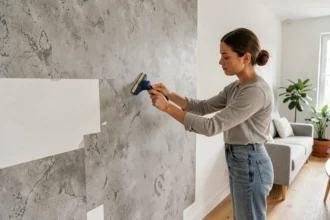 Femme appliquant un revêtement mural autocollant grande surface à texture béton dans un salon moderne de style scandinave