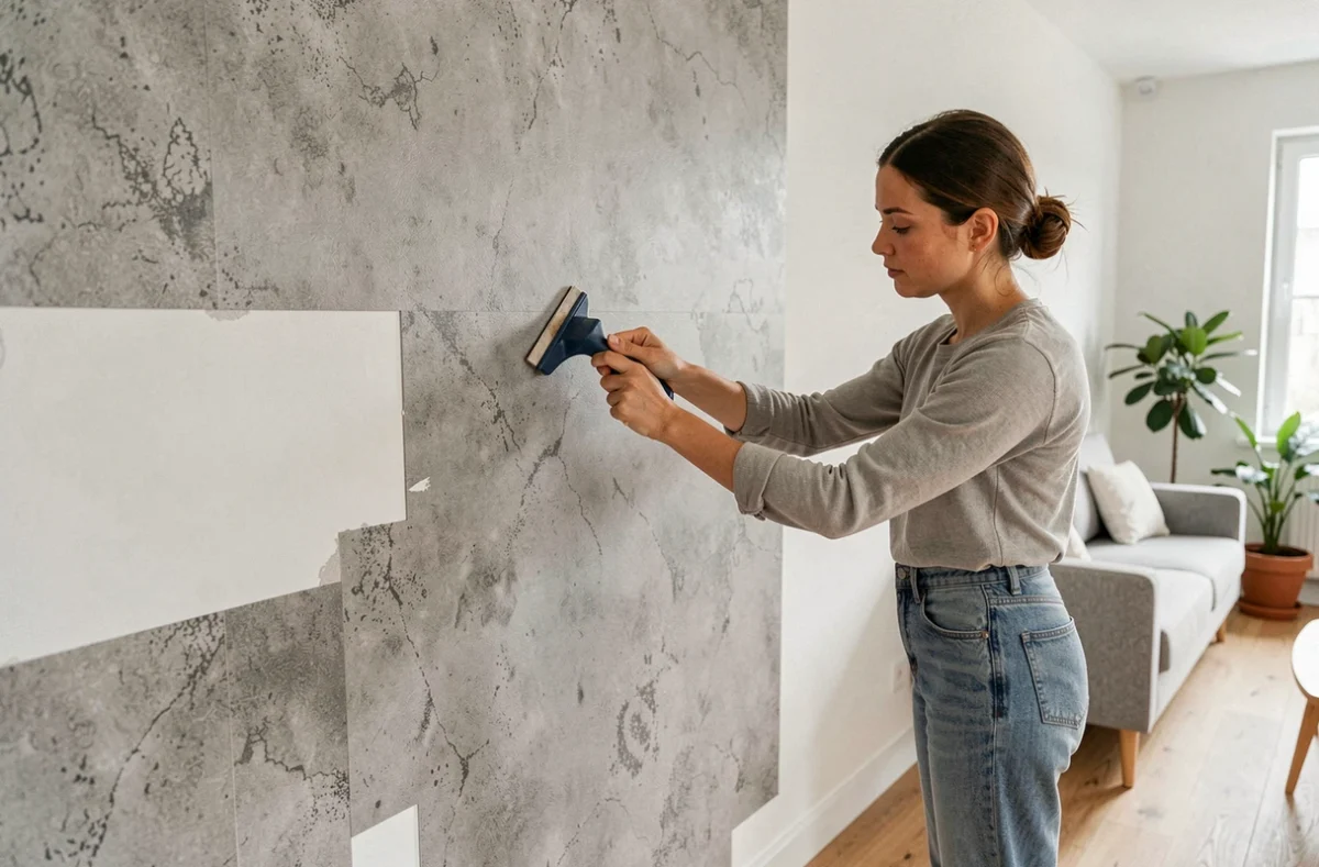 Femme appliquant un revêtement mural autocollant grande surface à texture béton dans un salon moderne de style scandinave
