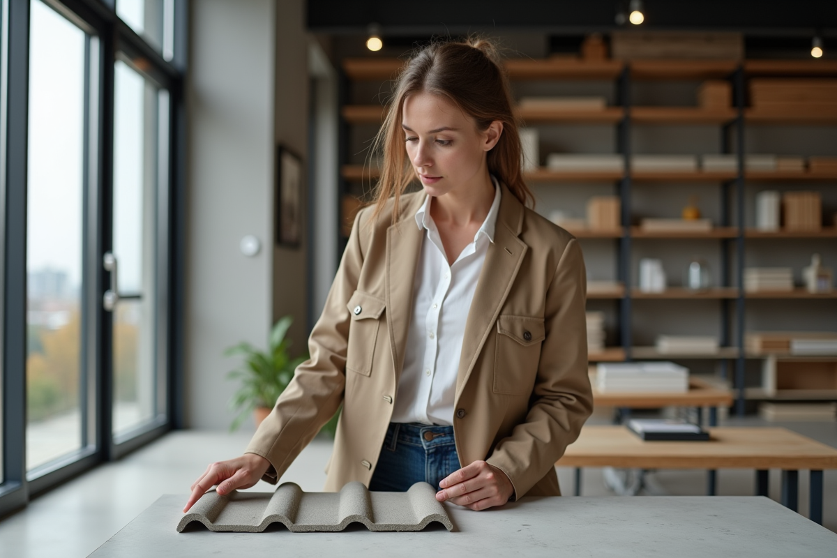 Jeune architecte examinant un échantillon de tuile en béton dans un studio moderne