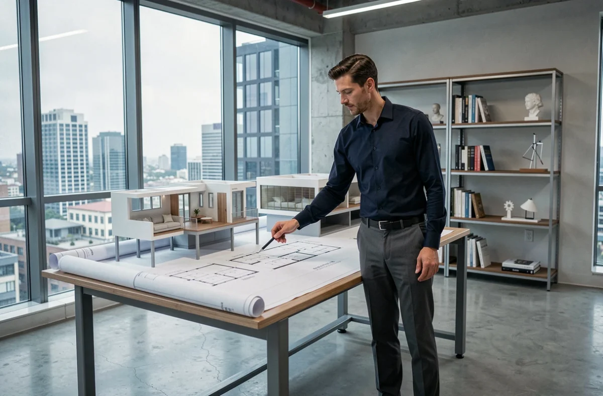 Architecte d'intérieur masculin debout devant des plans techniques et maquettes dans un bureau professionnel moderne