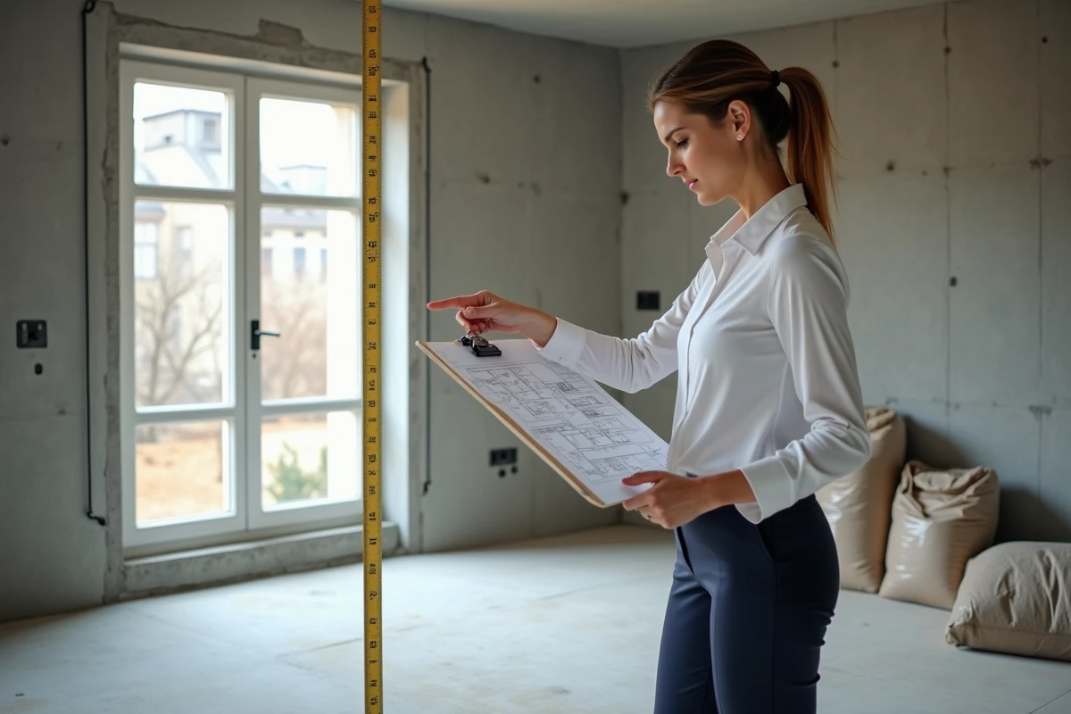 Architecte mesurant l'épaisseur de chape d'un plancher chauffant sur un chantier d'appartement en cours de construction
