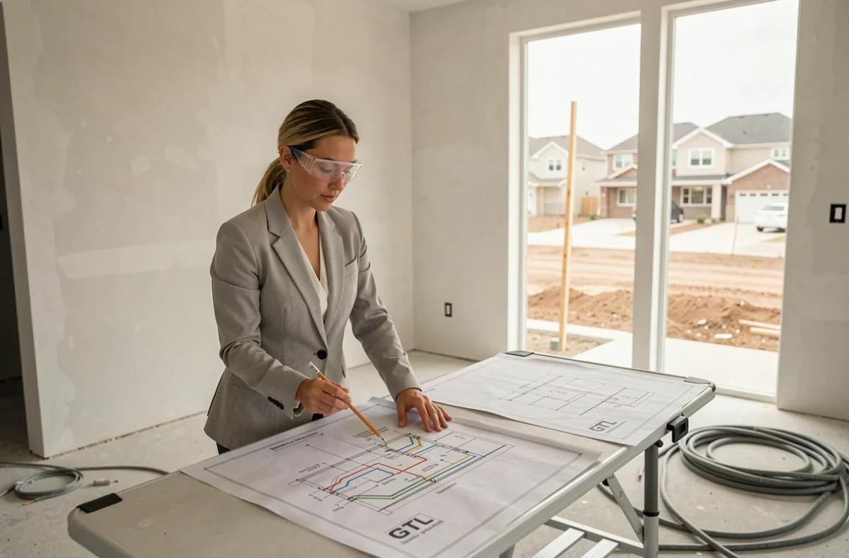 Architecte consultant les plans électriques GTL d'une maison neuve en construction