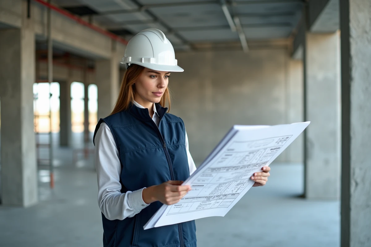 Architecte féminine consultant des plans d'isolation acoustique et thermique sur un chantier de rénovation globale