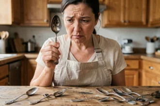 Femme examinant une cuillère en argent noirci dans une cuisine, détérioration visible sur les couverts anciens
