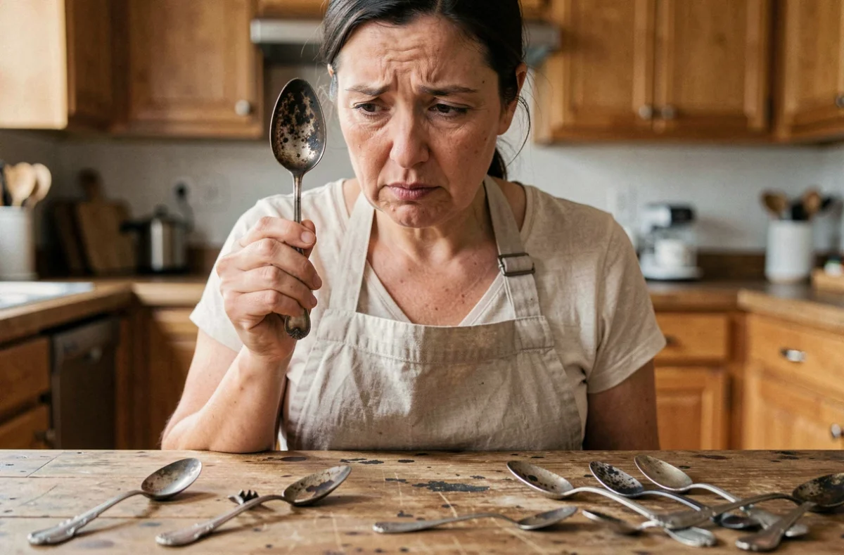 Femme examinant une cuillère en argent noirci dans une cuisine, détérioration visible sur les couverts anciens