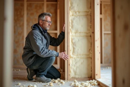 Artisan posant des panneaux d'isolation thermique en laine minérale entre des montants en bois lors d'une rénovation globale intérieure