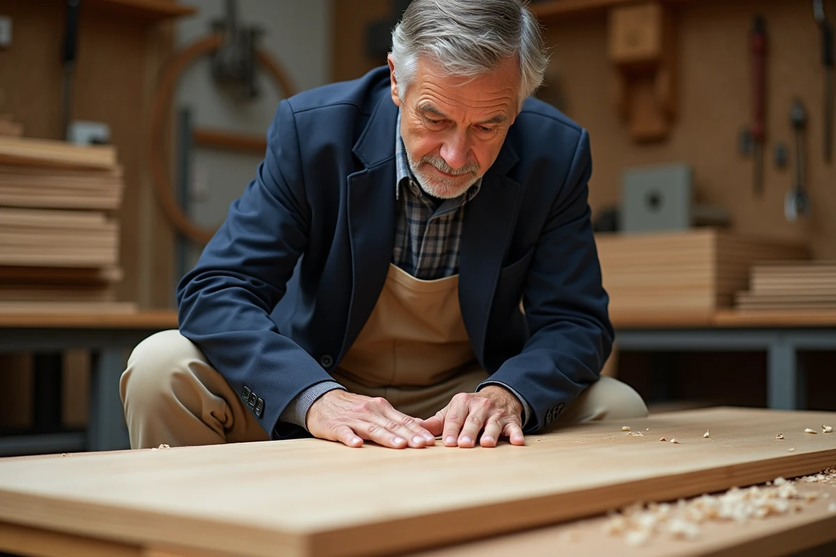 Artisan homme appliquant une fine couche de veneer en atelier