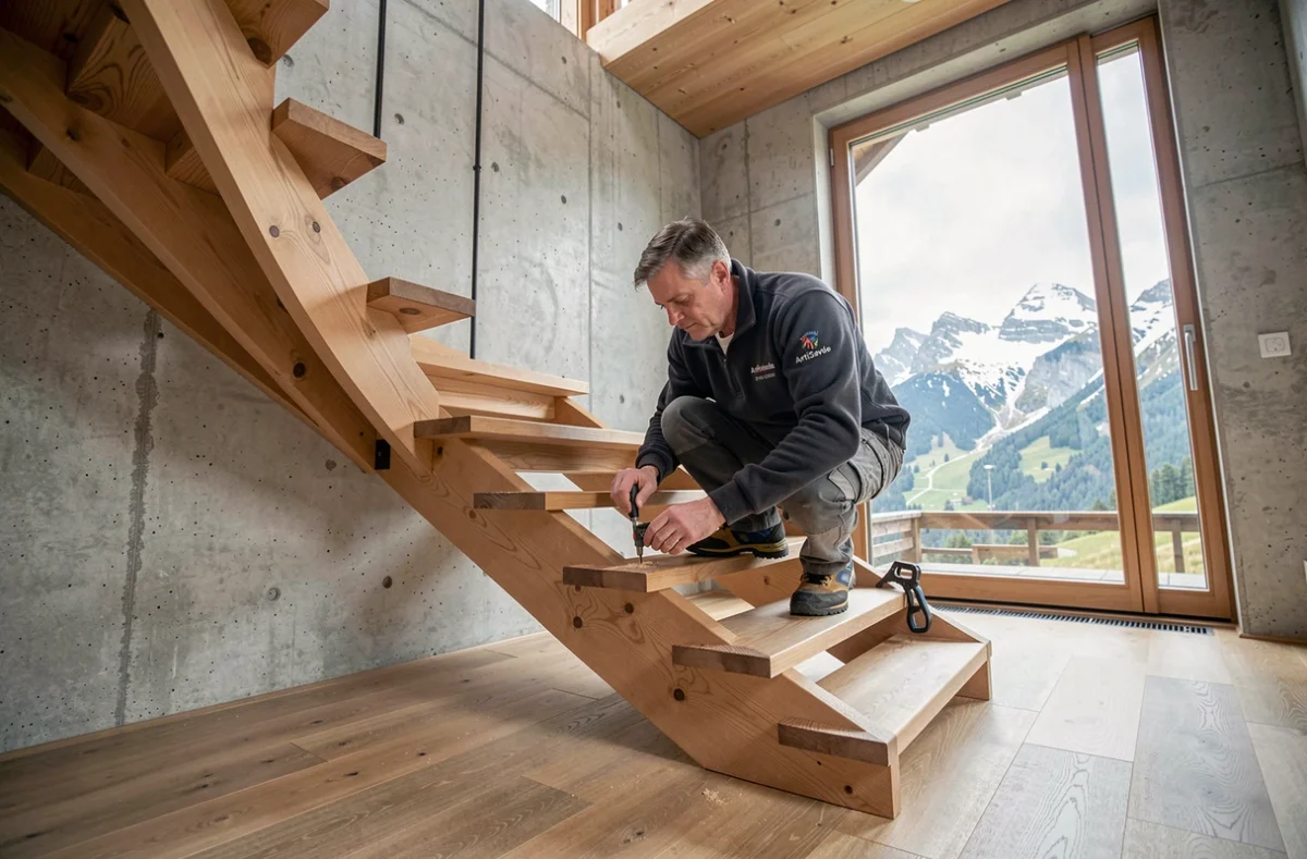 Artisan ArtiSavoie assemblant un escalier en bois artisanal dans un intérieur alpin contemporain avec vue sur la montagne