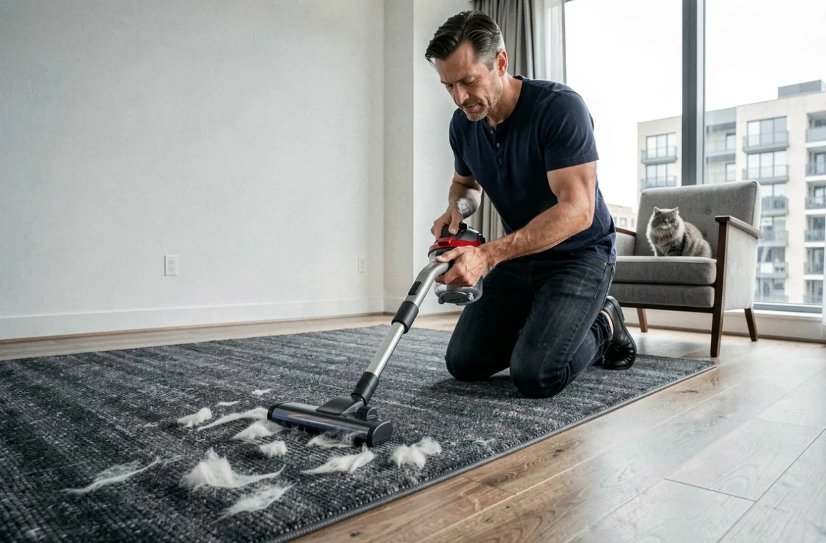 Homme aspirant les poils de chat sur un tapis gris avec un aspirateur traîneau et accessoire spécial animaux dans un appartement moderne