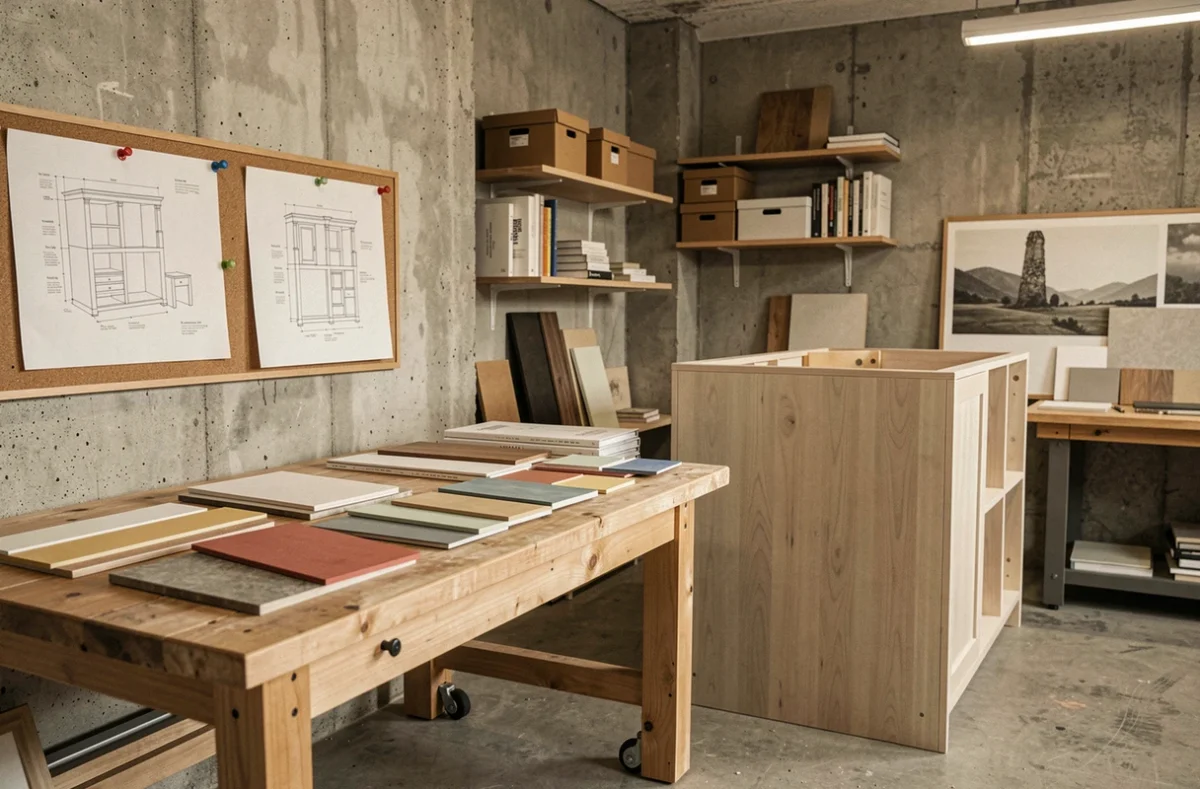 Atelier d'agencement à Nice avec plans de cuisine, échantillons de matériaux et meuble prototype en bois de frêne