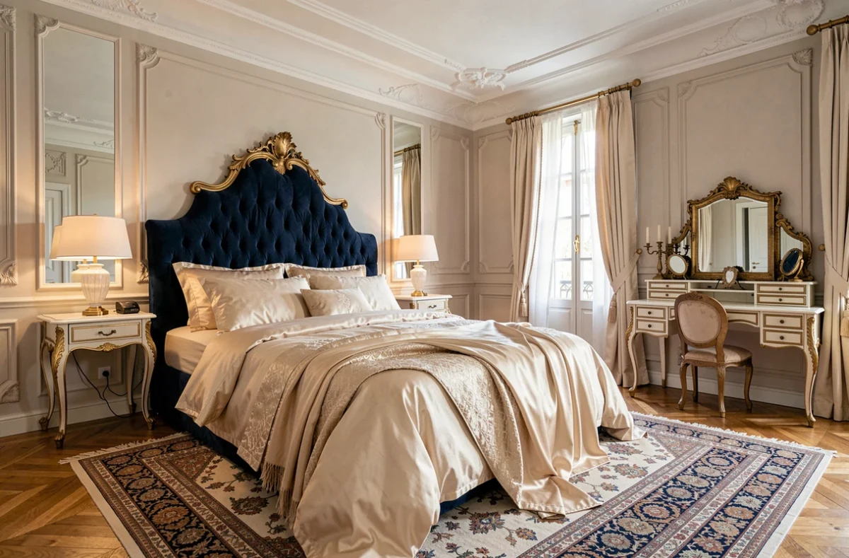 Chambre de prestige réalisée par Babeth Royale avec mobilier luxueux, velours et finitions dorées