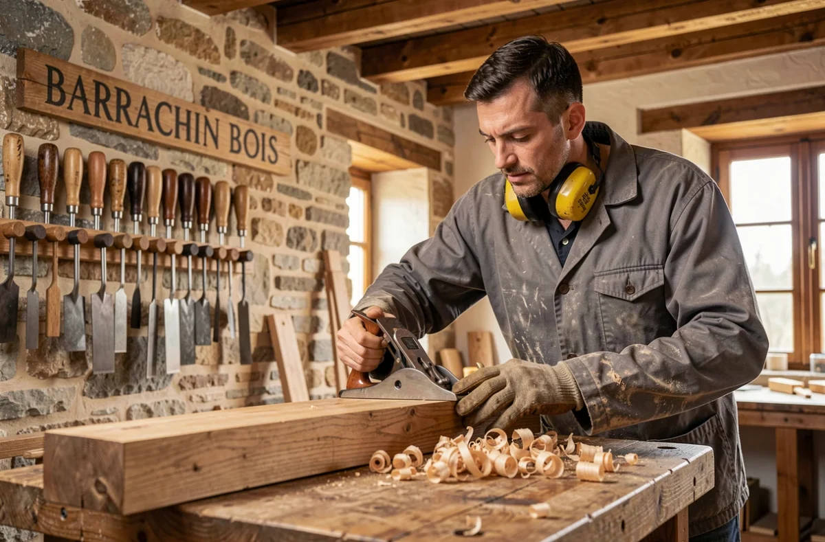 Menuisier de Barrachin Bois rabotant une poutre en chêne massif dans un atelier traditionnel aux murs en pierre