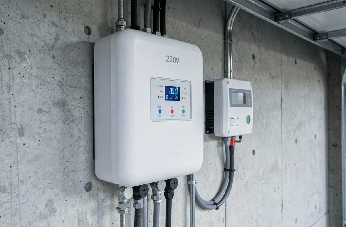 Batterie de stockage solaire 220V montée sur un mur en béton dans un garage domestique avec régulateur de charge