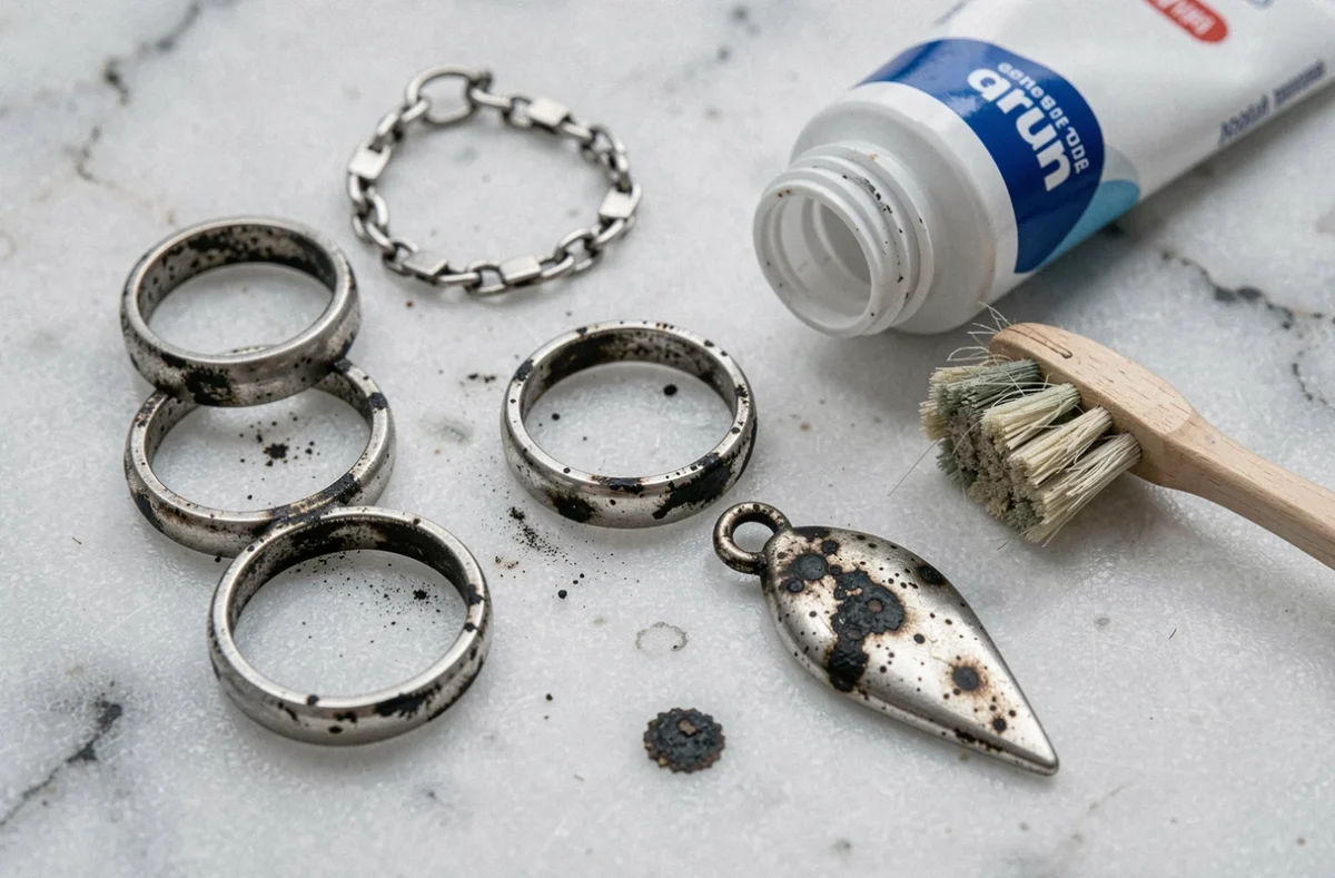 Bijoux en argent terni posés sur marbre blanc avec dentifrice et brosse à dents pour nettoyage maison
