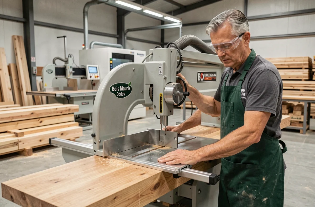 Artisan de Bois Mauris Oddos utilisant une scie à panneau de précision sur du chêne massif dans l'atelier