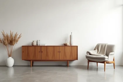 Buffet en teck massif contemporain avec finition huile naturelle mate dans un salon minimaliste au sol en béton ciré