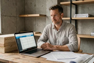 Architecte étudiant les résultats d'un calcul d'isolant fibre bois Homatherm sur ordinateur portable avec des panneaux d'isolation en arrière-plan