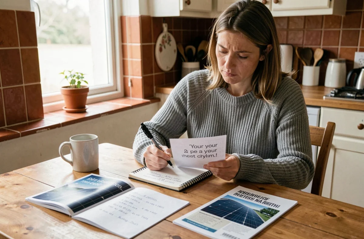 Femme calculant la rentabilité d'un achat de panneau solaire d'occasion à sa table de cuisine
