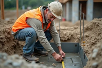 Ouvrier du bâtiment mesurant une semelle en béton fraîchement coulée sur chantier de construction résidentiel