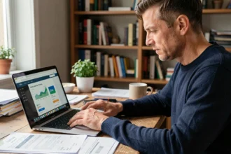 Homme utilisant un calculateur de consommation électrique en euros sur un ordinateur portable à son bureau