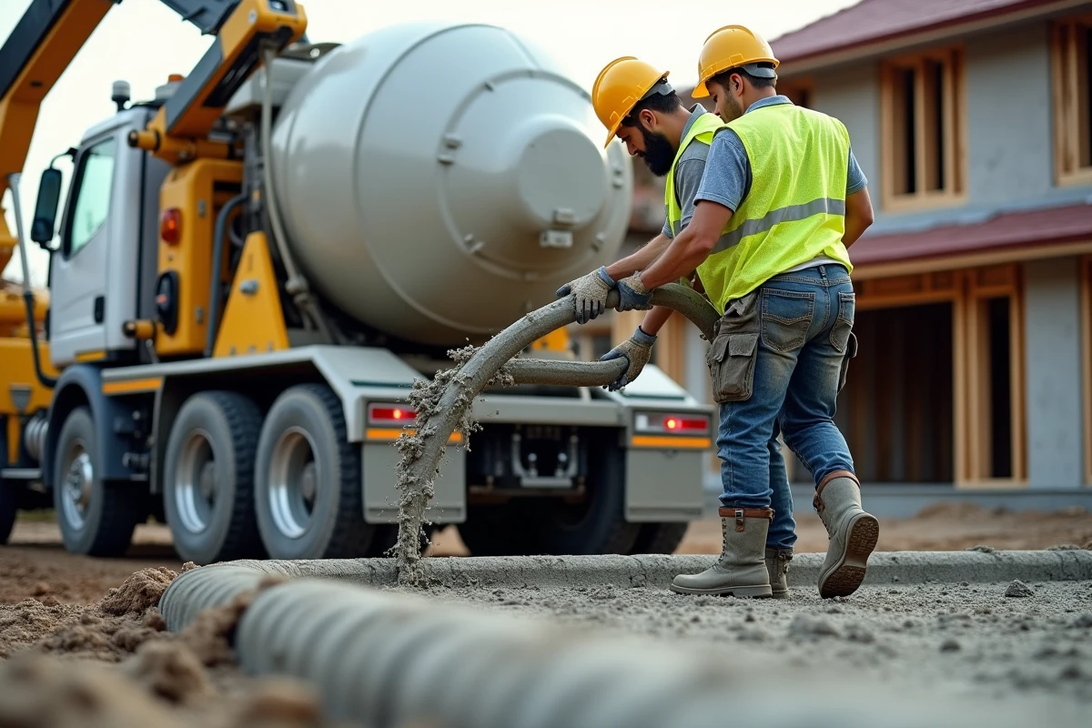 Camion pompe à béton avec bras articulé lors d'un coulage de dalle sur chantier résidentiel