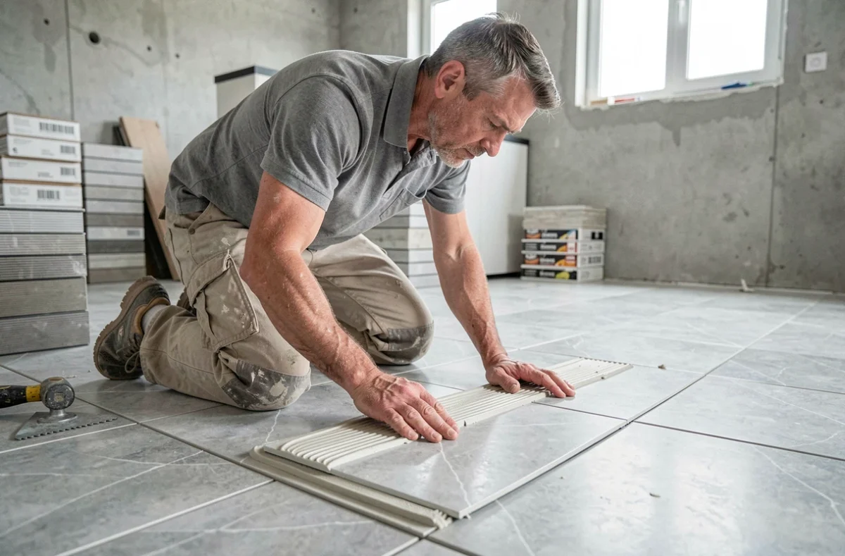 Carreleur professionnel posant des carreaux en grès cérame sur un sol de cuisine en rénovation
