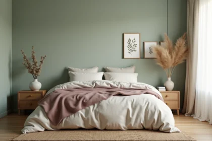 Chambre apaisante avec murs vert sauge, literie en lin ivoire et décoration minimaliste scandinave