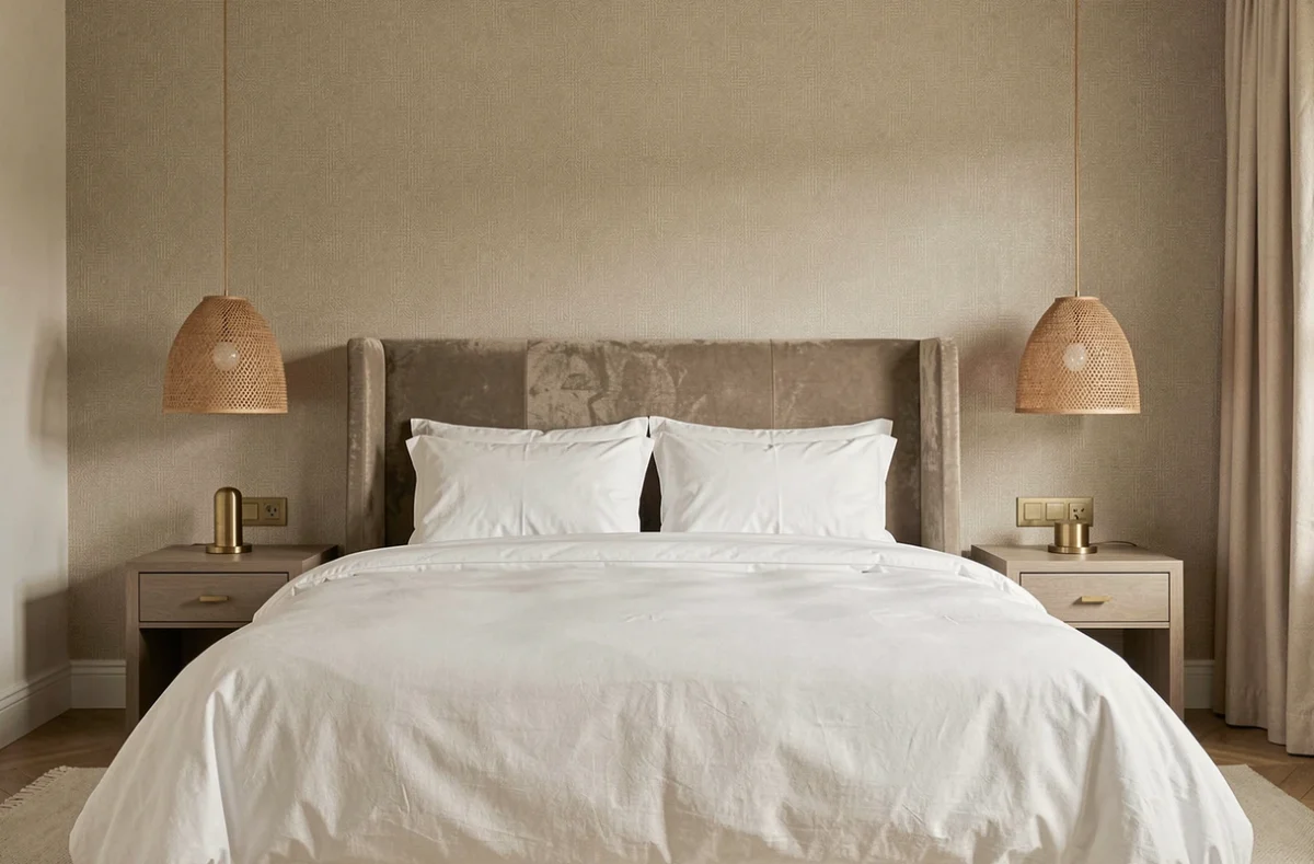 Chambre de luxe avec papier peint beige texturé bien posé en tête de lit, rendu haut de gamme élégant
