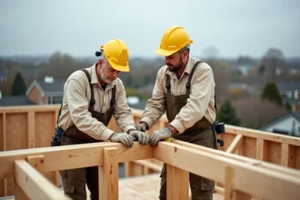Deux charpentiers installant la structure en bois d'une toiture sur une maison de 100m2 en cours de construction
