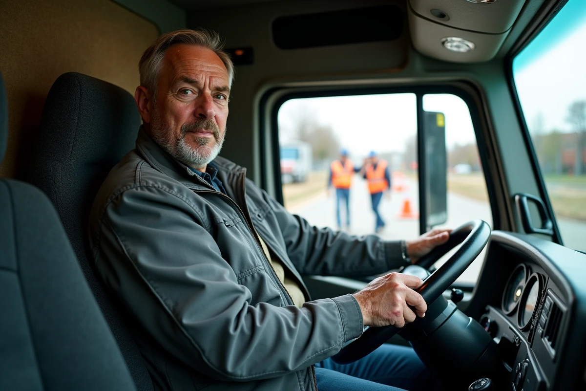 Chauffeur de toupie béton dans la cabine de son camion en route vers un chantier