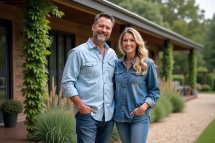 Chip et Joanna Gaines devant une ferme moderne