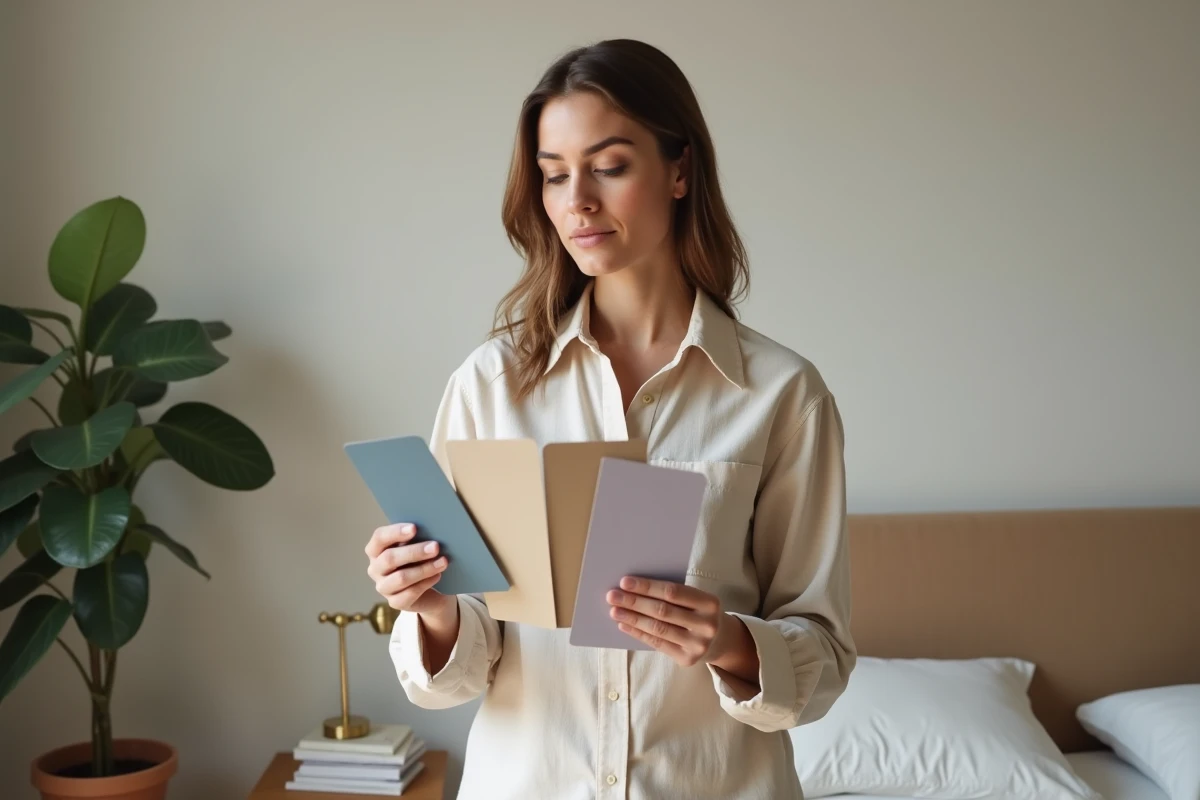 Femme comparant des nuanciers de couleurs apaisantes dans une chambre en cours de décoration