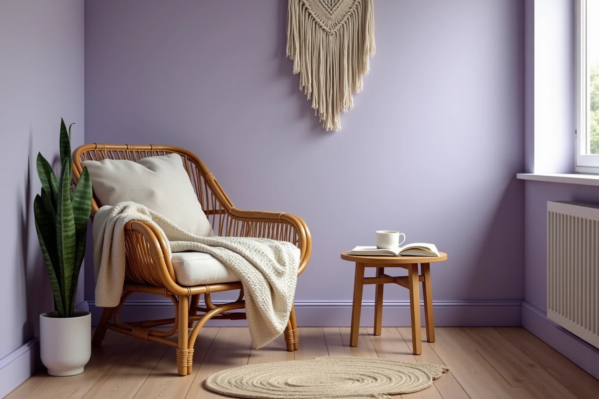 Coin lecture d'une chambre avec mur bleu lavande, fauteuil en rotin et plante verte décorative