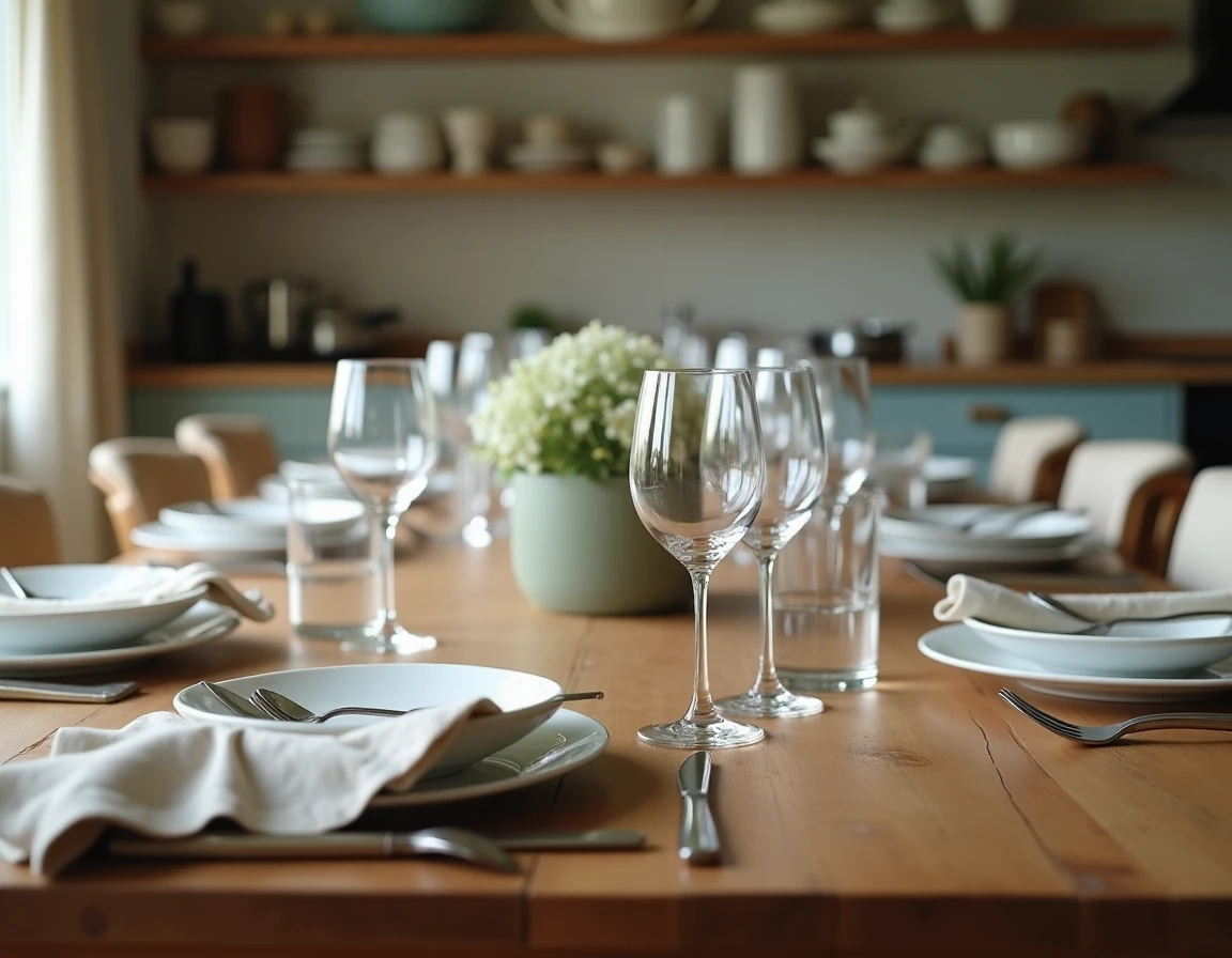 Vue large d'une table campagnarde comparant une disposition incorrecte et correcte des verres pour un dîner en famille, guide visuel des erreurs à éviter