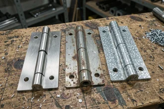 Comparaison de trois gonds de porte en inox, acier brut et acier galvanisé posés sur un établi d'atelier métallurgique