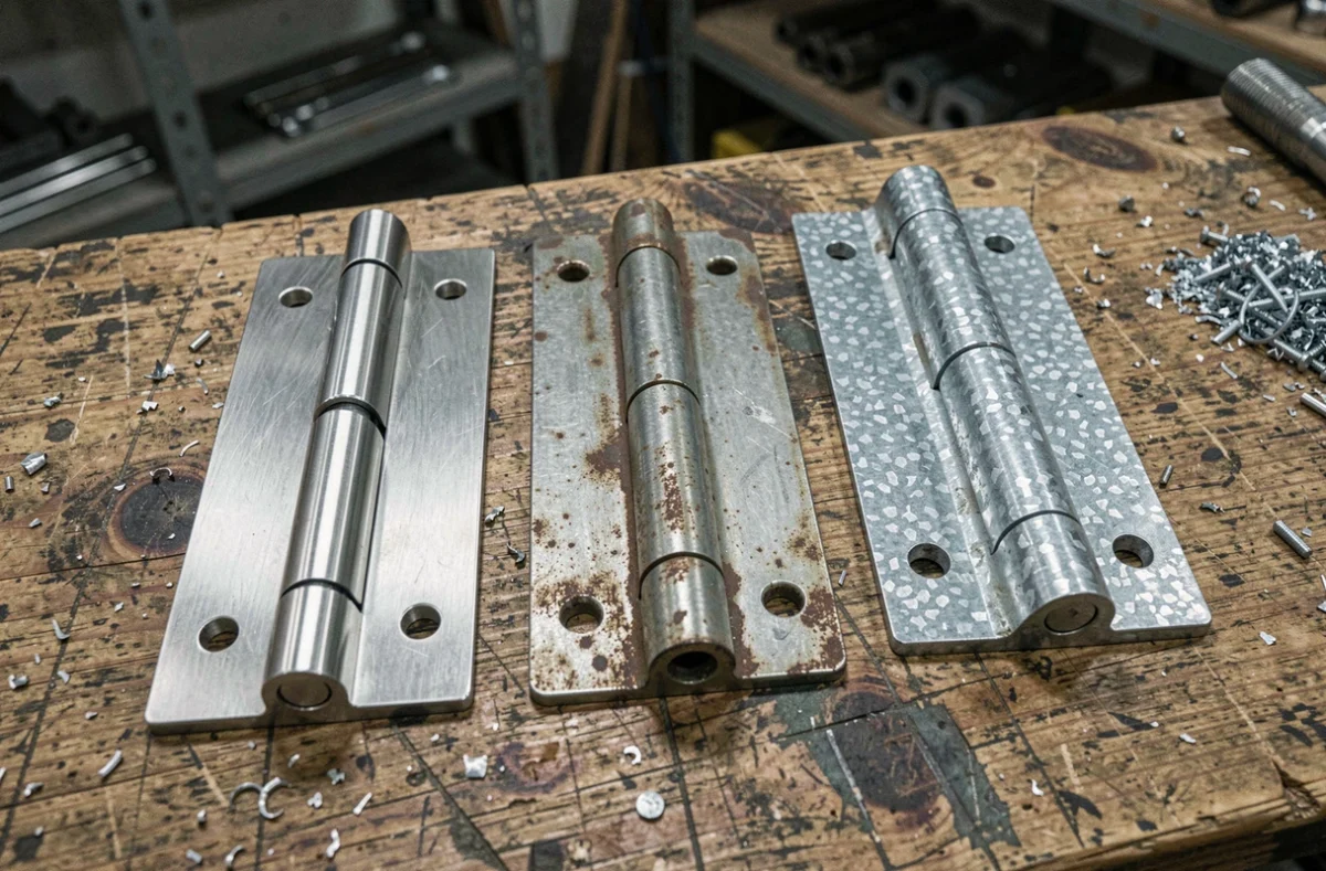 Comparaison de trois gonds de porte en inox, acier brut et acier galvanisé posés sur un établi d'atelier métallurgique