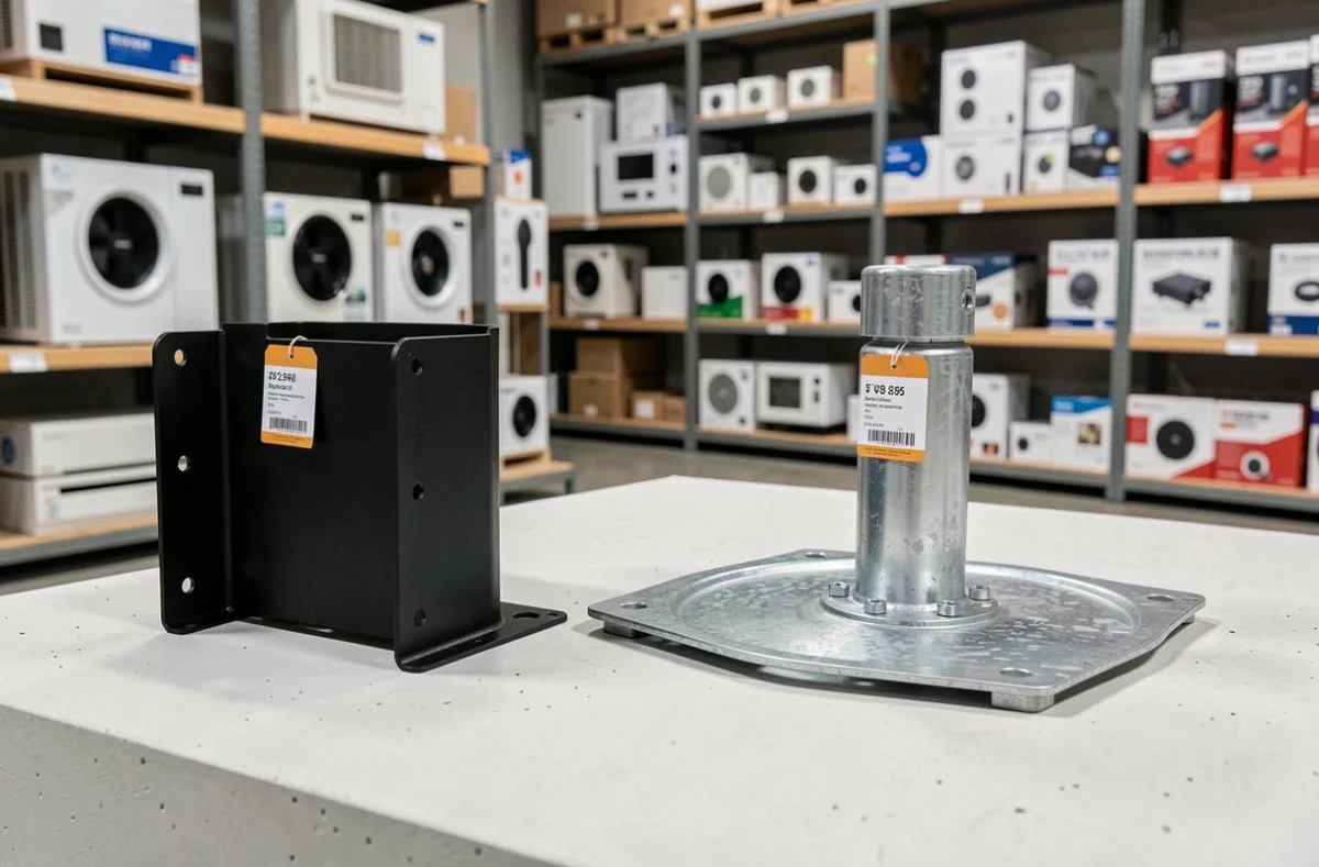 Comparaison de deux modèles de supports pour pompe à chaleur exposés dans un magasin de bricolage