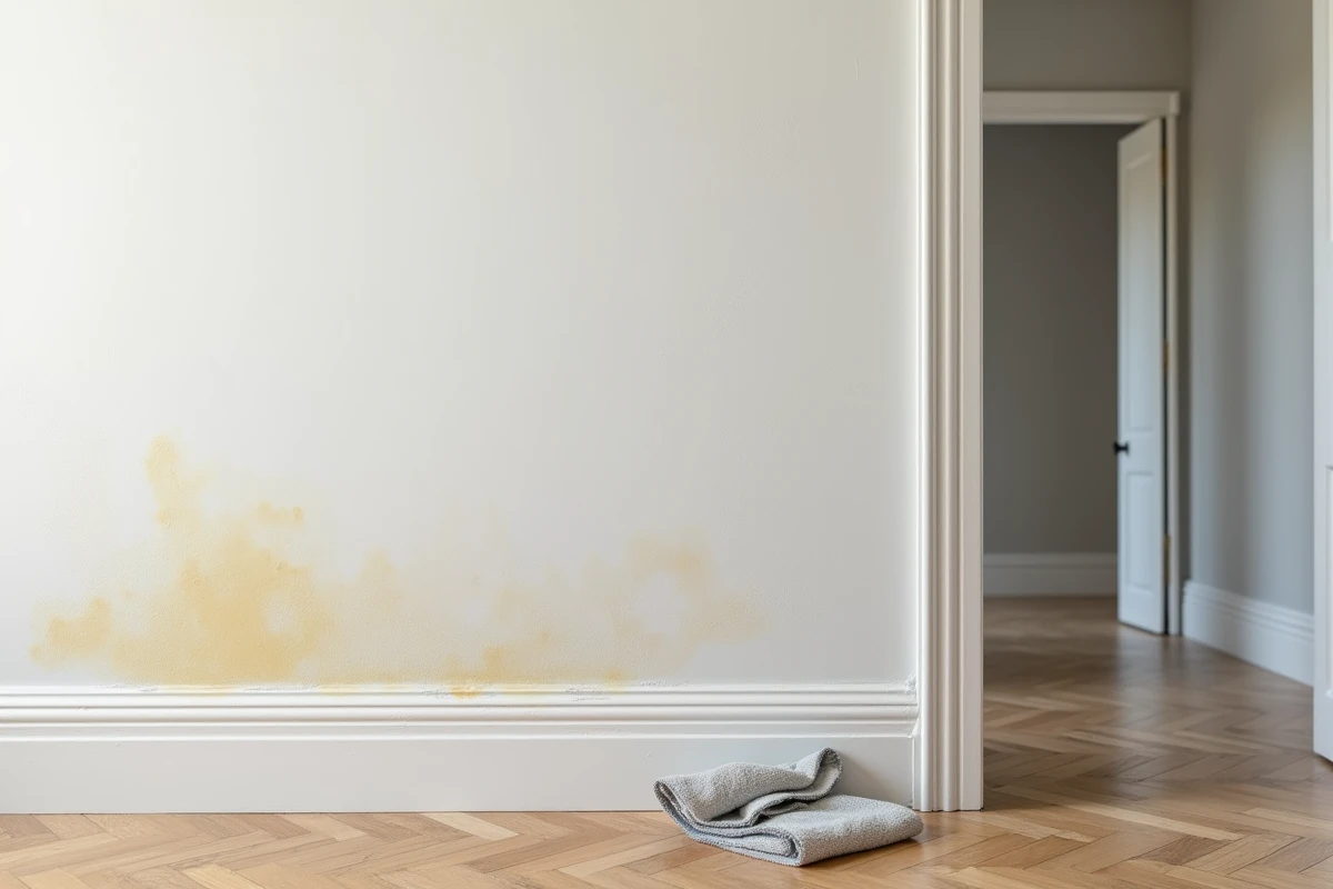 Comparaison avant-après lessivage d'un mur gris en couloir avec chiffon microfibre et traces de saleté visibles