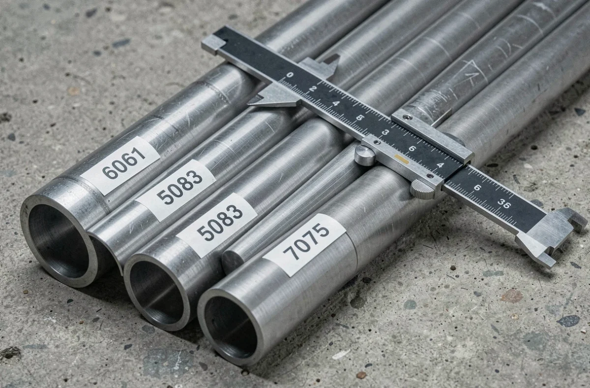 Comparaison de tubes en aluminium de différentes nuances dont 6061, 5083 et 7075 avec pied à coulisse de précision