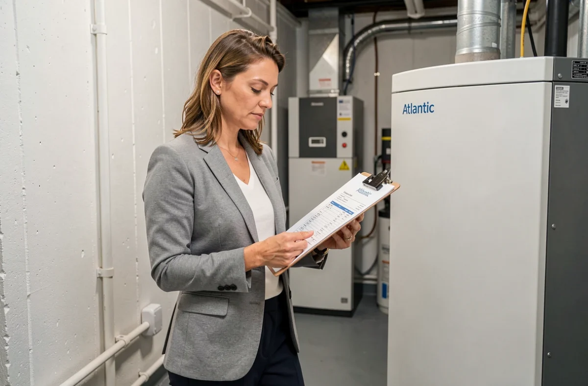 Conseillère en énergie consultant un devis de remplacement de compresseur de pompe à chaleur Atlantic