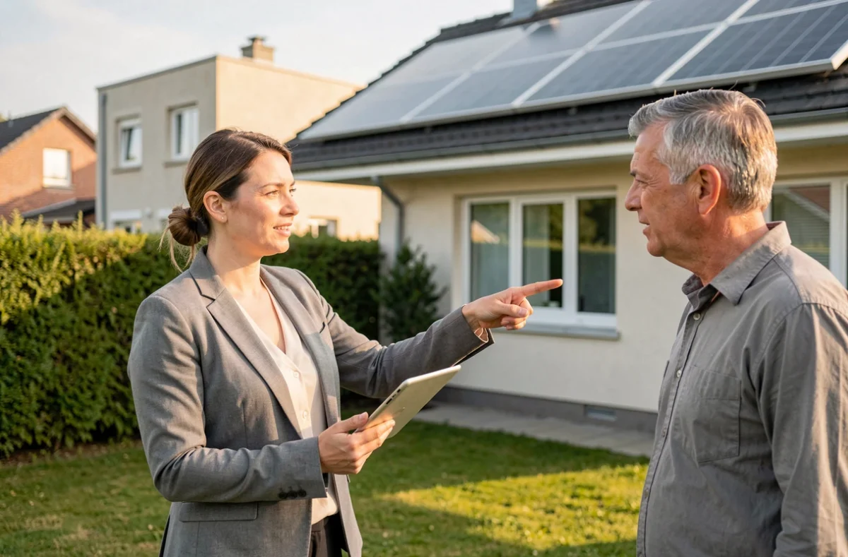 Conseillère en énergie solaire expliquant le coût d'installation à un propriétaire à Angers