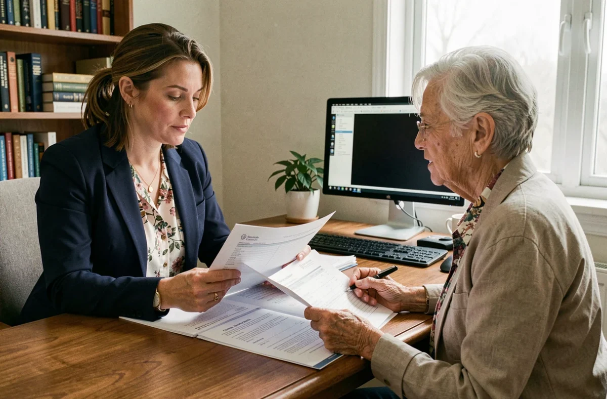 Conseillère fiscale expliquant les avantages de la défiscalisation des aides ménagères à une cliente âgée dans un bureau à domicile