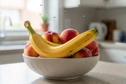 Corbeille de fruits mûrs sur un plan de travail avec quelques moucherons au-dessus