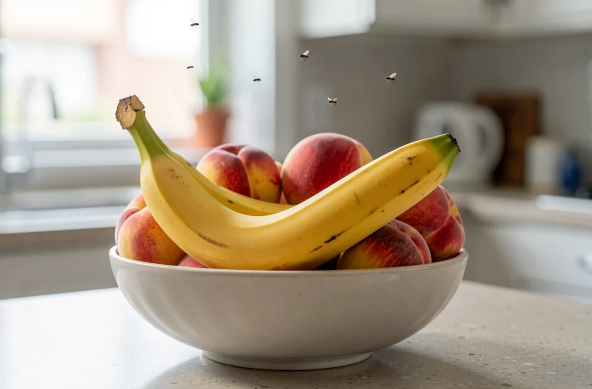 Corbeille de fruits mûrs sur un plan de travail avec quelques moucherons au-dessus