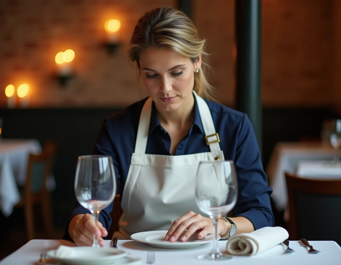 Femme en tablier corrigeant le placement d'un verre à vin sur une table de restaurant, illustrant comment éviter les erreurs de disposition